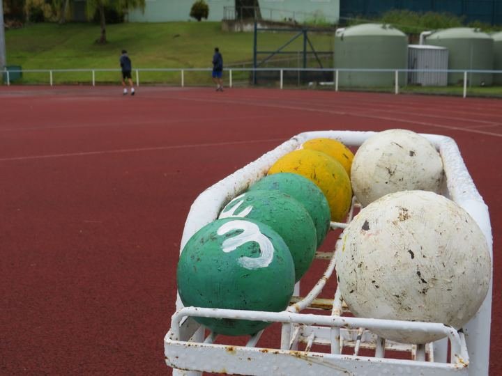 Shot puts ready for the throws